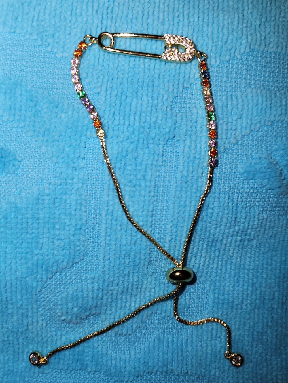 NEW CZ Gold Plated Multicolor Safety Pin Adjustable Slide Tennis Bracelet - Picture 8 of 8